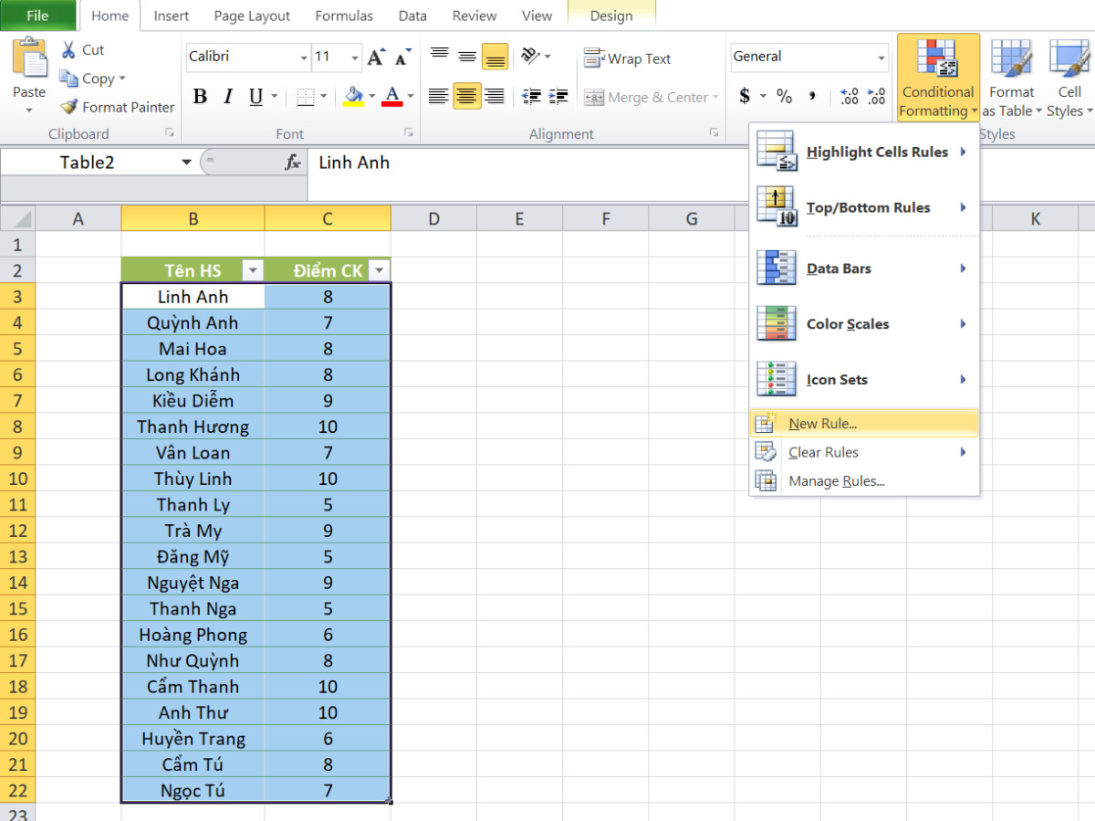 Hướng dẫn sử dụng hàm VLOOKUP vào định dạng có điều kiện trong Excel